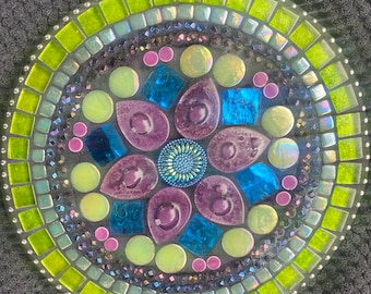 Mosaic Wall Art Purple Lime Teal Mandala 8 in Round Gift for Friend or Coworker