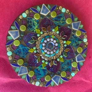 Mosaic Mandala Green Teal Blue 8 inch Round. Gift for friend or coworker