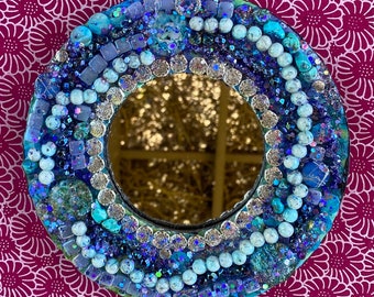 Mosaic Mirror Blue 7 inch Round. Gift for friend or coworker