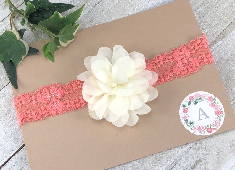 ivory vintage headband cake smash Ivory and coral lace headband newborn headband summer headband photography prop coral lace headband