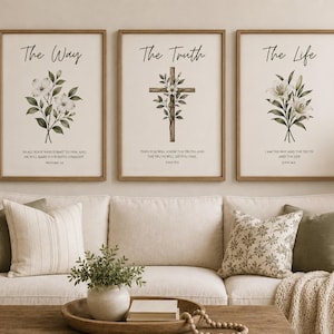 Conjunto de 3 láminas decorativas de Juan 14:6 / Láminas con versículos bíblicos botánicos / Arte cristiano sobre el Camino, la Verdad y la Vida / Descarga digital neutra