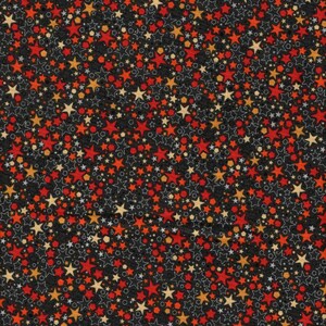 May include: A black background with a repeating pattern of red, orange, and white stars of different sizes. The stars are outlined in white and have a textured appearance.