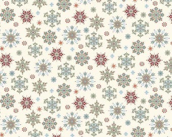 May include: A repeating pattern on a cream-colored background featuring various intricate snowflake designs in shades of deep red, forest green, and muted blue, interspersed with tiny dots and small, simple star-like shapes throughout.