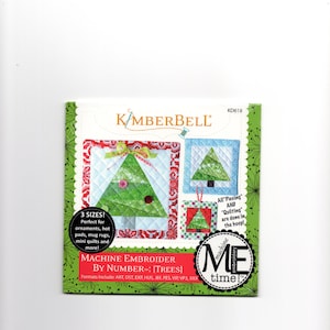 May include: A green, red, and white machine embroidery design of three Christmas trees. The design is titled "Machine Embroider by Number: {Trees}" and includes the text "All Piecing and "Quilting" are done in the hoop!" The design is from the "Machine Embroidery Time!" brand.