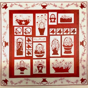 May include: A red and white quilt block with a floral design. The block features a variety of baskets, flowers, and other motifs. The block is surrounded by a white border with a red floral design.