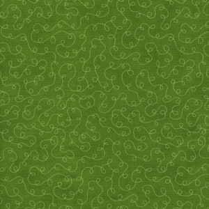 May include: Green fabric with a white, repeating pattern of swirls and loops.