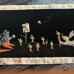 Carrots on the Bunny Trail pattern by Nutmeg Hare, 12-1/2&quot; x 25&quot; wool applique with stitchery table runner, #59