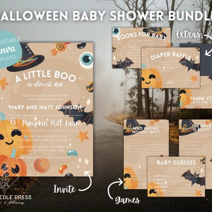 Editable Canva Halloween Baby Shower Bundle | A Little Boo Is On The Way Baby Shower Invite | Shower Games Included | Instant Edit + Print