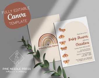 Editable Canva Modern Butterfly Baby Shower Invitation In Person | Bright Color Baby Shower | Instant Edit Download and Print