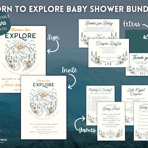 Canva Born to Explore Baby Shower Invite, Sign and Game Bundle | Nature National Park Themed Baby Shower | Instant Download and Print