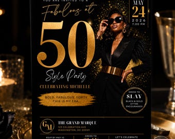 Fifty and Fabulous Birthday Invitation Template, Black Gold Birthday Invitation, Editable Canva Template, Midnight Gala Digital Invite