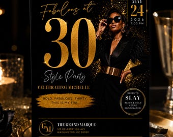 Thirty and Fabulous Birthday Invitation Template, Black Gold Birthday Invitation, Editable Canva Template, Midnight Gala Digital Invite
