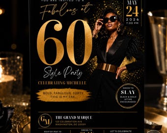 Sixty and Fabulous Birthday Invitation Template, Black Gold Birthday Invitation, Editable Canva Template, Midnight Gala Digital Invite