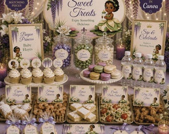 Bayou Princess Food And Dessert Table Bundle, Tiana Inspired Baby Shower Decorations, Cupcake Toppers, Food Tents & Bottle Labels