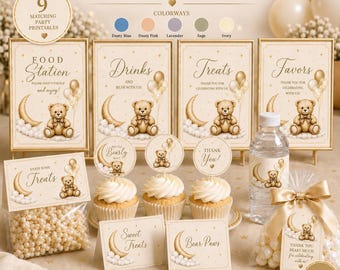 Printable Party Food Labels, Dusty Blue Teddy Theme, Tent Cards, Cupcake Toppers and Favor Tags, Editable Canva Template