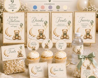Moon and Teddy Baby Shower Buffet Labels, Neutral Clouds and Sage Green Balloons, Neutral Baby Shower Party Decor, Editable Canva Template