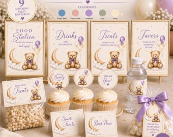 Soft Luxe Moon Teddy Baby Shower Food Bundle, Lavender Balloons (Editable Canva Template)