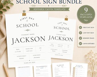 Editorial First Day of School Sign, Last Day of School Sign, School Year Memory Book, Editable Canva Template, Charcoal Keepsake Bundle