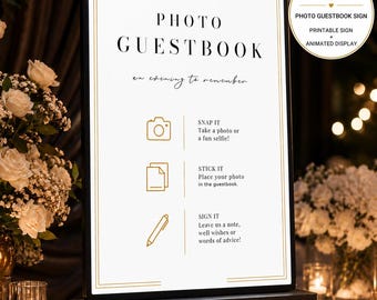 Black Tie Photo Guestbook Sign Template, Wedding Guestbook Instructions, Instax Mini 12 Sign, Animated Display + Printable Canva Template