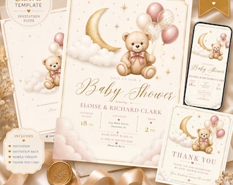 Soft Luxe Moon and Teddy Baby Shower Invite Set, Neutral Clouds and Dusty Pink Balloons, Editable Template, Mobile and Print, Thank You Card
