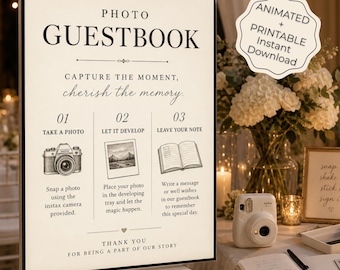Photo Guestbook Sign Template, Instax Camera Instructions, Wedding Guest Book Sign, Animated Display + Printable Canva Template
