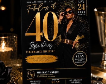 Forty and Fabulous Birthday Invitation Template, Black Gold Birthday Invitation, Editable Canva Template, Midnight Gala Digital Invite