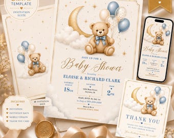 Bear Baby Shower Invite, Teddy Baby Shower Invitation, Moonlit Dusty Blue Canva Template, Mobile Invite, Thank You Card