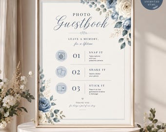 Dusty Blue Floral Photo Guestbook Sign, Blue Floral Wedding Sign, Editable Canva Template + Animated Display, 3 Sizes