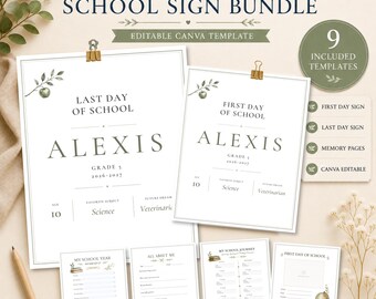 Sage School Memory Book Printable, First & Last Day of School Sign, Editable K-12 Keepsake, All About Me, Heirloom Download, Canva Template