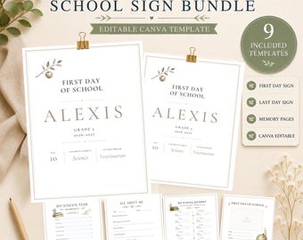 Taupe School Memory Book Printable, First & Last Day of School Sign, Editable K-12 Keepsake, All About Me, Heirloom Download, Canva Template