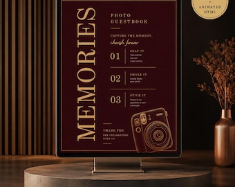 Romantic Burgundy Photo Guestbook Sign, Instax Mini 12, Polaroid Bundle, Animated Wedding Display (Digital Download)