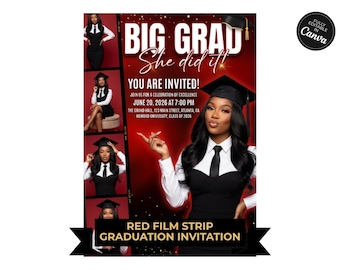 Grad Party Invite, Bold Red Film Photo Strip Layout Card, 2026 Graduation Party Flyer (Editable Canva Templat)