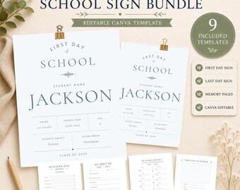 Editorial First Day of School Sign, Last Day of School Sign, School Year Memory Book, Editable Canva Template, Dusty Blue Keepsake Bundle