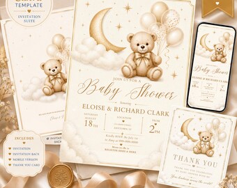 Soft Luxe Moon and Teddy Baby Shower Invite Set, Neutral Clouds and Ivory Balloons, Editable Template, Mobile and Print, Thank You Card