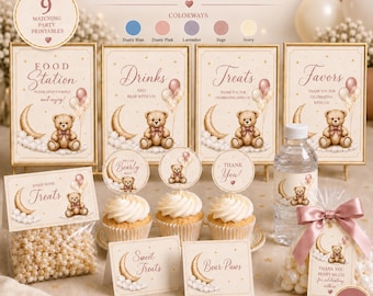 Teddy Bear Food and Drink Station Set, moon and stars theme, buffet labels and table signs, DIY party decoration, Editable Canva Template