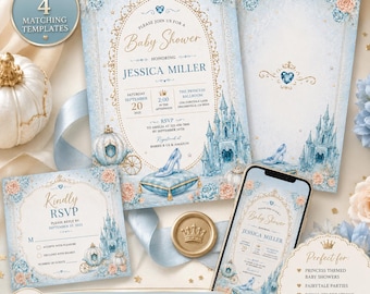 Princess Baby Shower Invitation Suite, Fairytale Baby Shower, Castle Baby Shower Mobile Invitation & RSVP Card, Editable Canva Template