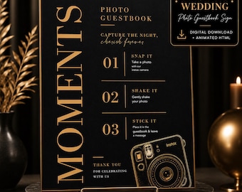 Luxury Black Tie Photo Guestbook Sign, Black Gold Digital Guestbook Template, Polaroid Wedding Sign, Animated Display, Canva Editable
