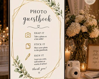 Boho Photo Guestbook Sign, Eucalyptus Wedding Sign, Greenery Gold Frame Canva Template + Animated Display, 3 Sizes