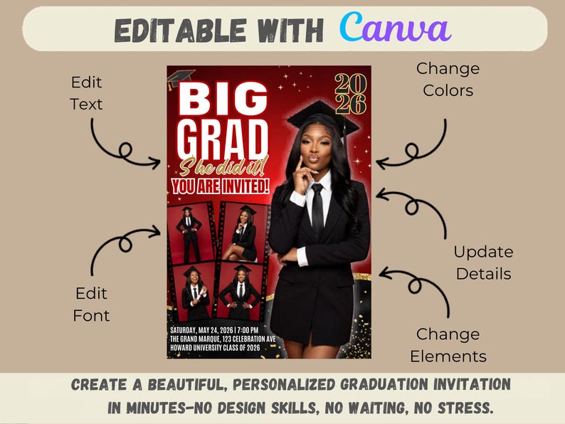 Promotional Grad Big Grad Invitation | Red Urban Flyer, Bold Photo Collage Graduation ...