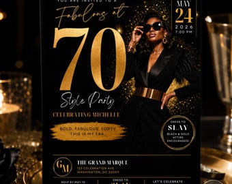 Seventy and Fabulous Birthday Invitation Template, Black Gold Birthday Invitation, Editable Canva Template, Midnight Gala Digital Invite