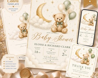 Soft Luxe Moon and Teddy Baby Shower Invite Set, Neutral Clouds and Sage Balloons, Editable Canva Template, Mobile and Print, Thank You Card
