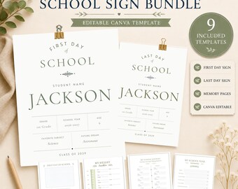 Editorial First Day of School Sign, Last Day of School Sign, School Year Memory Book, Editable Canva Template, Sage Green Keepsake Bundle