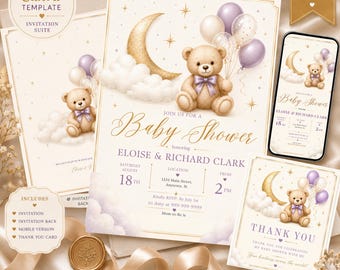 Soft Luxe Moon and Teddy Baby Shower Invite Set, Neutral Clouds and Lavender Balloons, Editable Template, Mobile and Print, Thank You Card