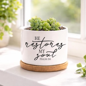 He Restores My Soul Planter, Psalm 23:3 Gift, Christian Gift for Women, Encouragement Gift, Sympathy Gift, Faith Succulent Pot
