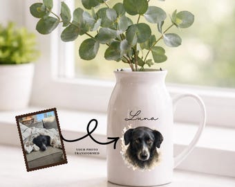 Custom Pet Portrait from Photo, Watercolor Dog Portrait Vase, Personalized Pet Gift, Custom Dog Memorial, Pet Remembrance Gift