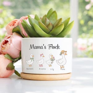 May include: White ceramic planter with the text "Mama's Flock" and illustrations of geese, each with a name. The planter holds a green succulent and sits on a wooden base, with pink flowers in the background.