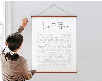 The Lord's Prayer hanging canvas sign, Our Father prayer sign, scripture sign, dining room wall art, Christian wall decor, Matthew 6