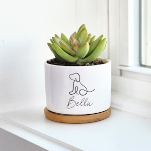 Puede incluir: Maceta de cerámica blanca con un dibujo de línea negra de un perro y el nombre "Bella" en la parte delantera. La maceta está llena de una planta suculenta verde y tiene una base de madera.