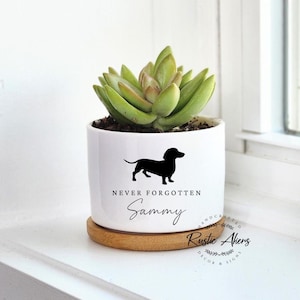 May include: White ceramic planter with a black silhouette of a dachshund and the text "Never Forgotten Sammy". The planter is filled with green succulents and sits on a wooden base. The planter is handcrafted by Rustic Akers Decor & Signs.