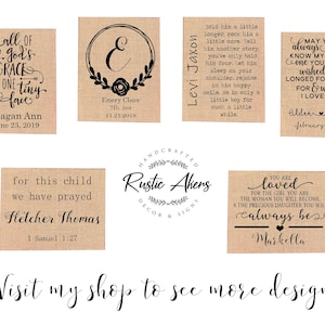 May include: A set of ten burlap baby shower favor tags with black text. The tags feature various quotes and sayings about babies, including "all of God's grace in one tiny face", "for this child we have prayed", "Hold him a little longer, rock him a little more", "May you always know my little one you were wished for", and "You are loved for the girl you are".